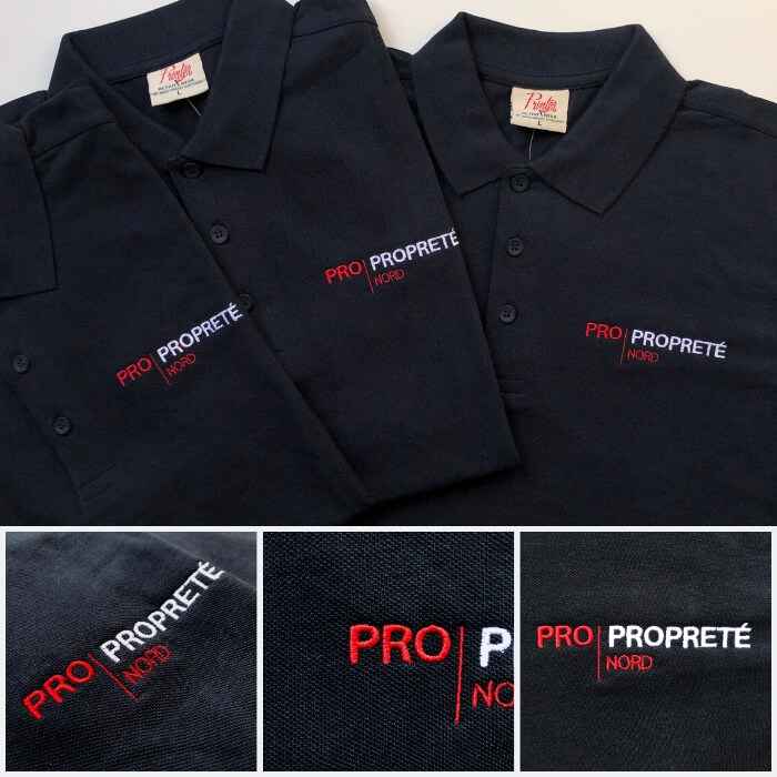 Polos brodés bleu marine avec le logo de l'entreprise Pro Propreté